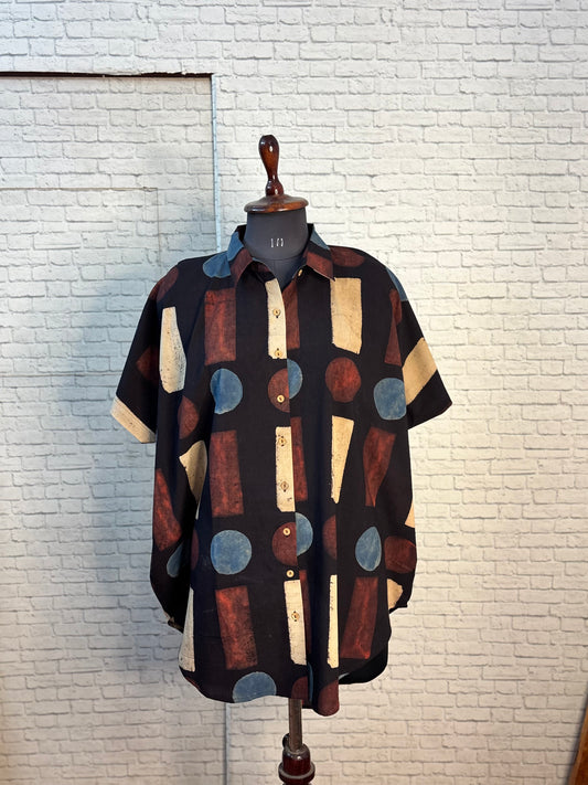 Coffee Geometric Ajrakh Cotton High Low Shirt Kaftan