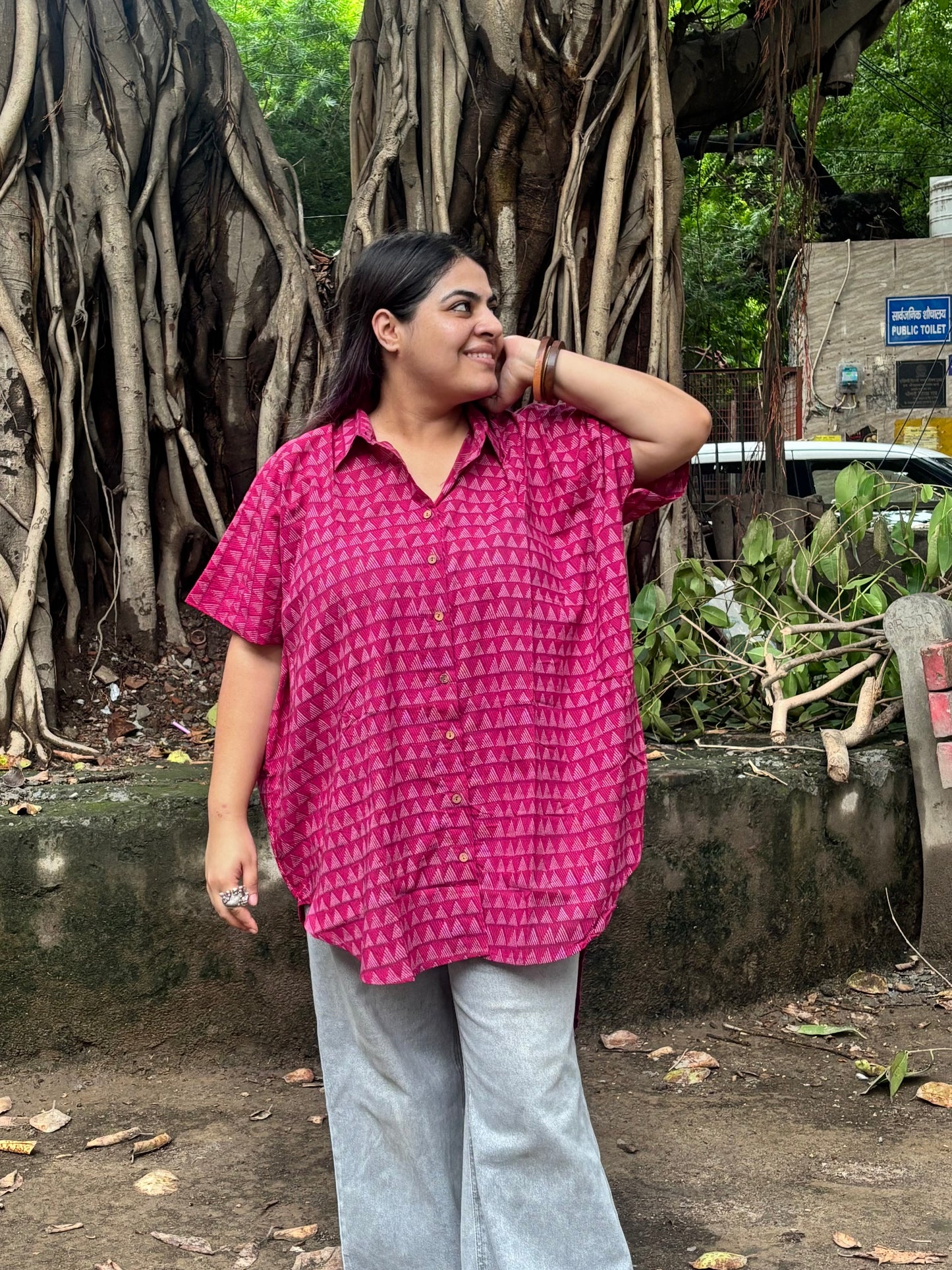 Pink Triangles Hand Block Printed Cotton High Low Shirt Kaftan