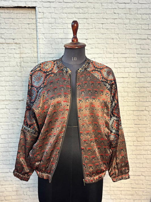 Brown Red Mashru Silk Ajrakh Unisex Bomber Jacket
