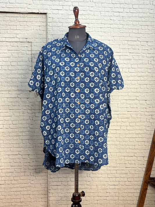 Indigo Starflower Cotton High Low Shirt Kaftan