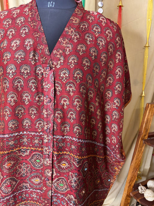 Red Ajrakh Chanderi Shirt Kaftan with Hand Embroidery