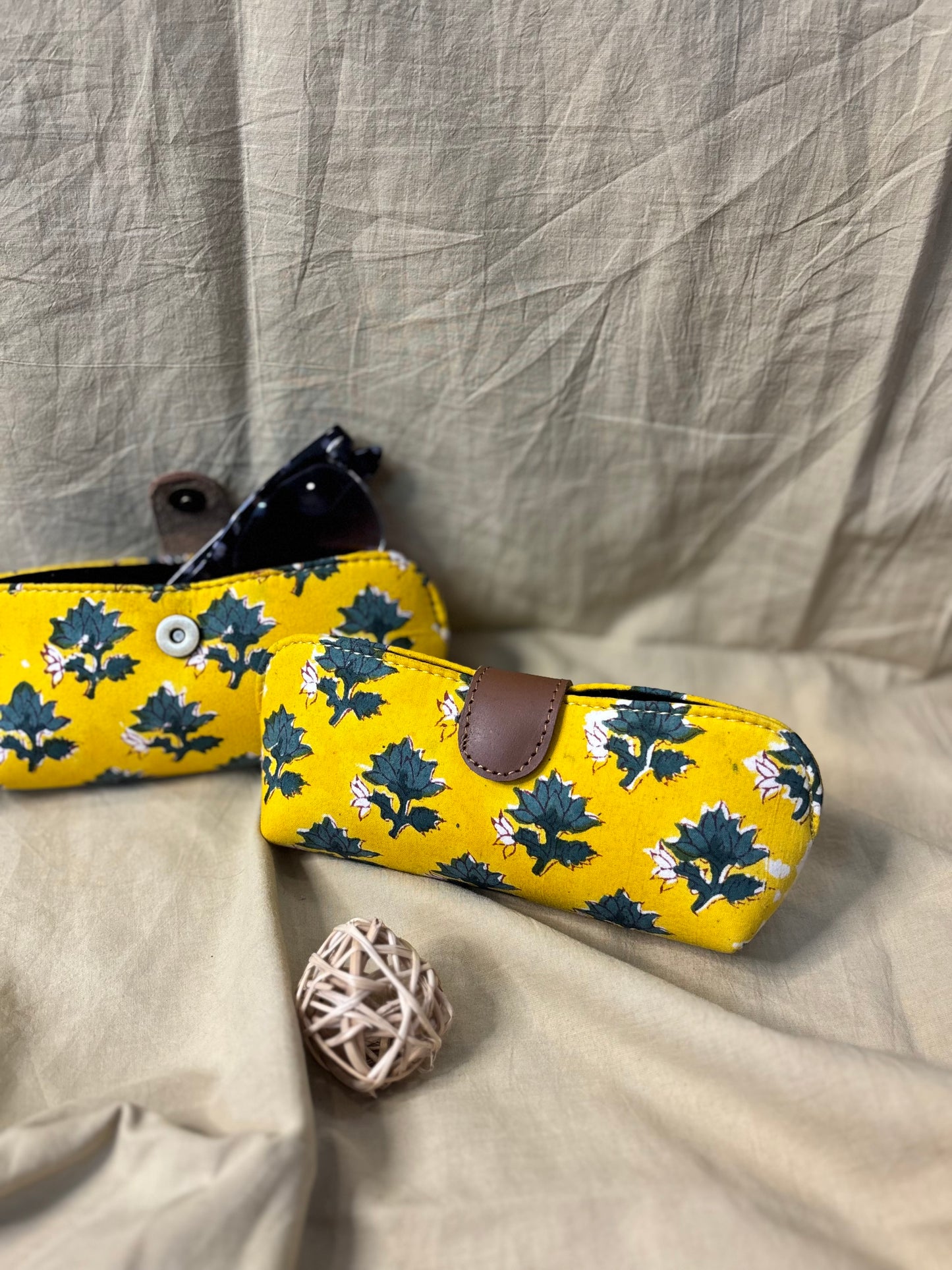 Yellow Green Hand Block Print Eyewear Case