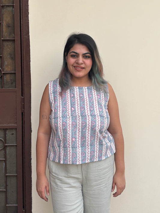 Grey Pink Hand Block Printed Sleeveless Crop Top