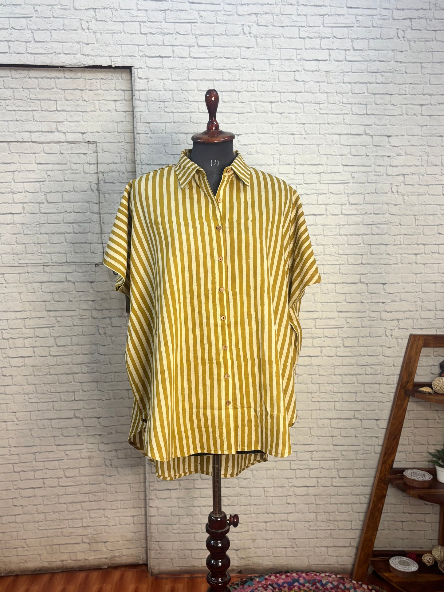 Yellow Stripes Bagru Cotton High Low Shirt Kaftan