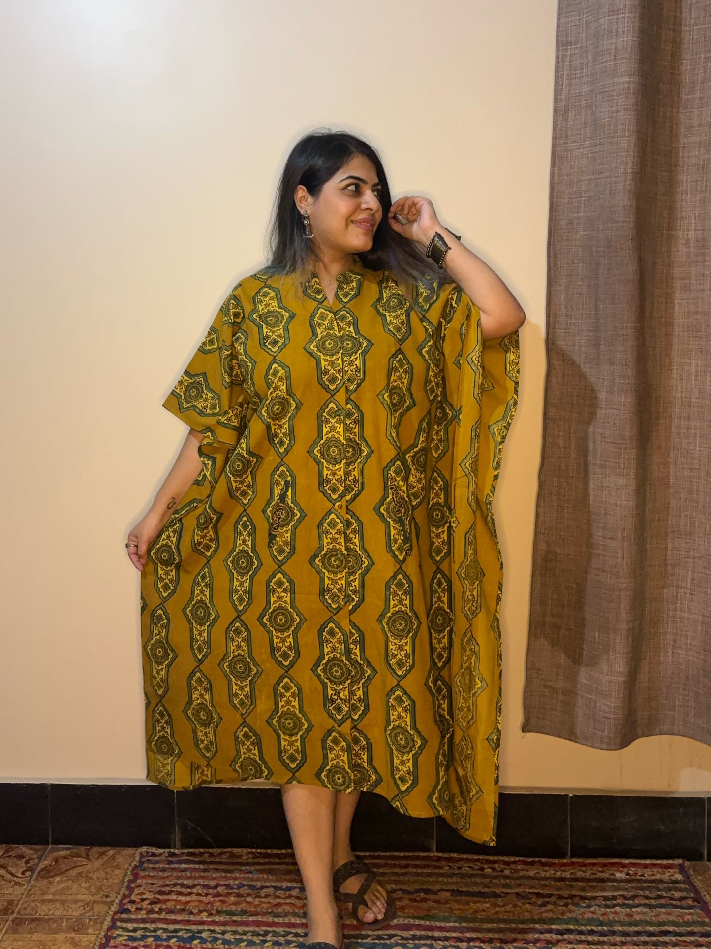 Yellow High Low Ajrakh Midi Cotton Shirt Kaftan