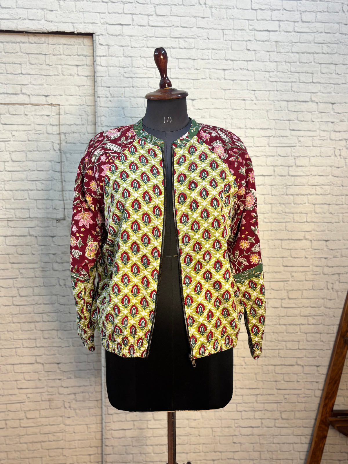 Green Red Hand Block Printed Unisex Bomber Jacket