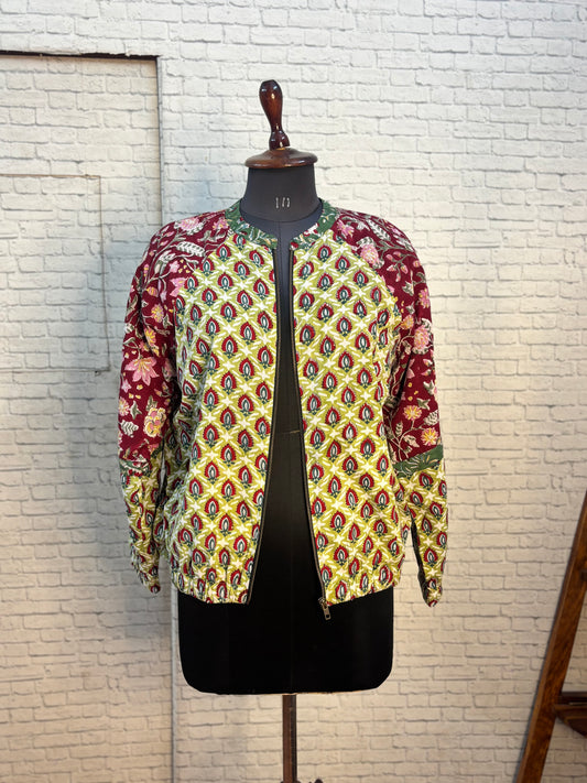 Green Red Hand Block Printed Unisex Bomber Jacket