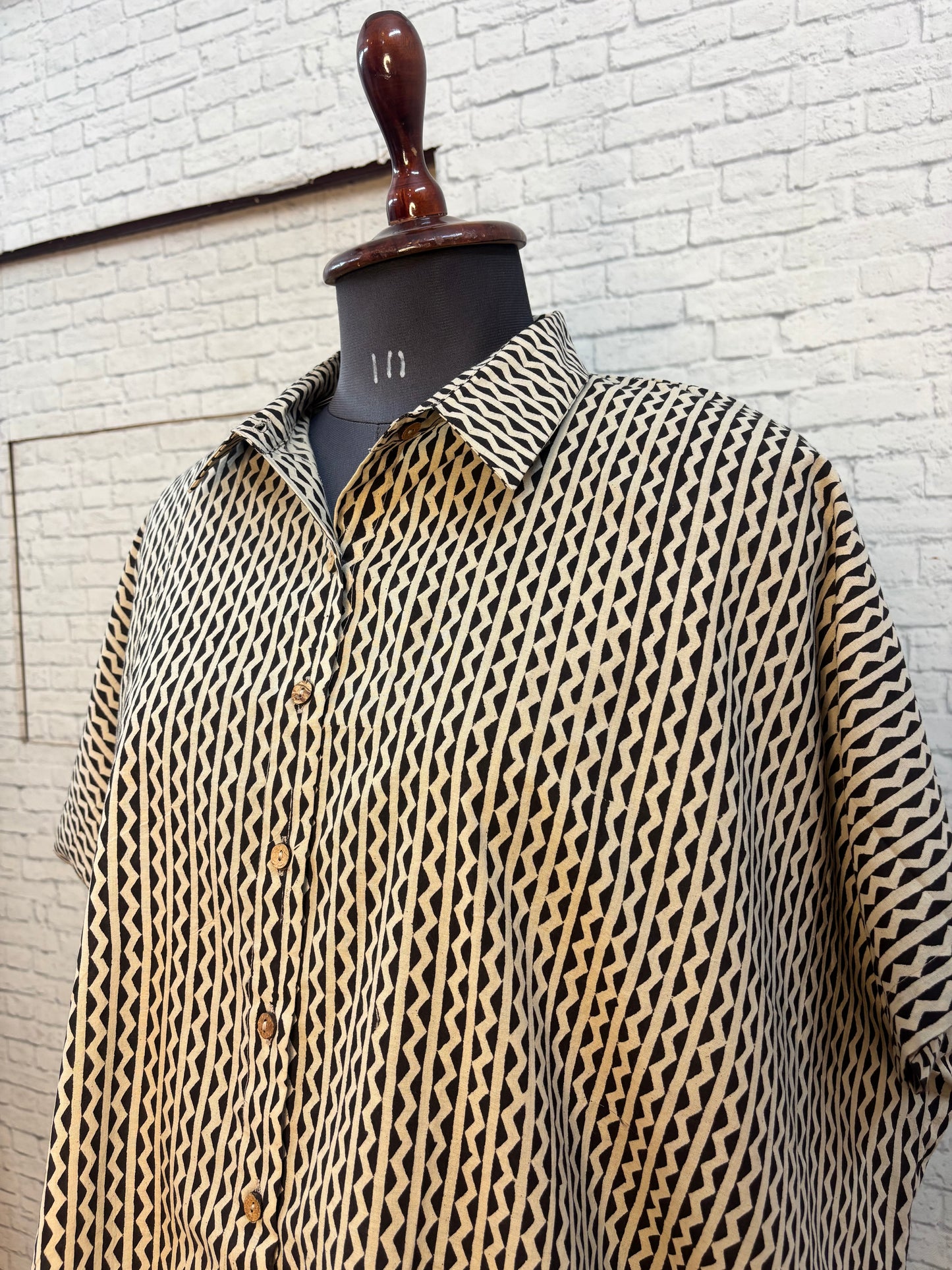 Black White Hand Block Printed Cotton High Low Shirt Kaftan