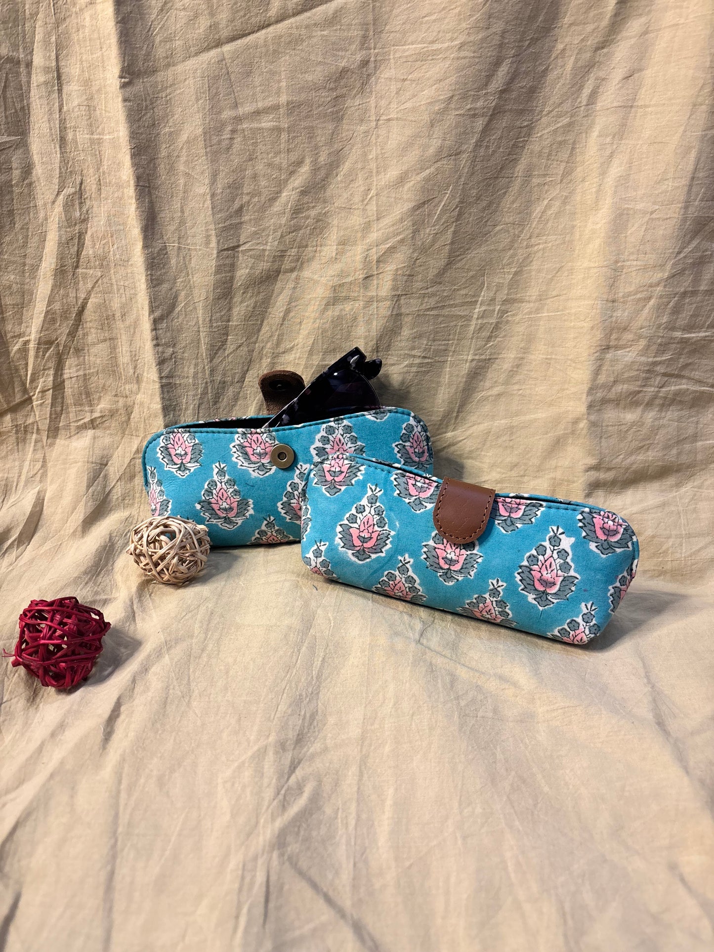 Green Pink Hand Block Print Eyewear Case