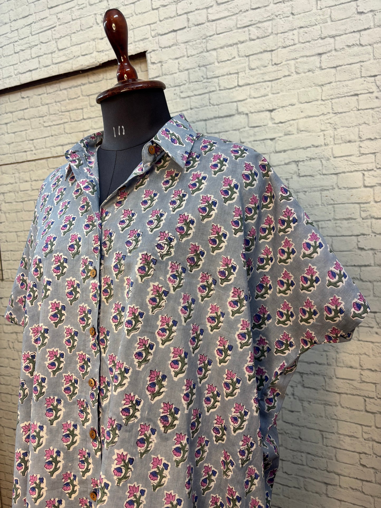 Grey Pink Hand Block Printed Cotton High Low Shirt Kaftan