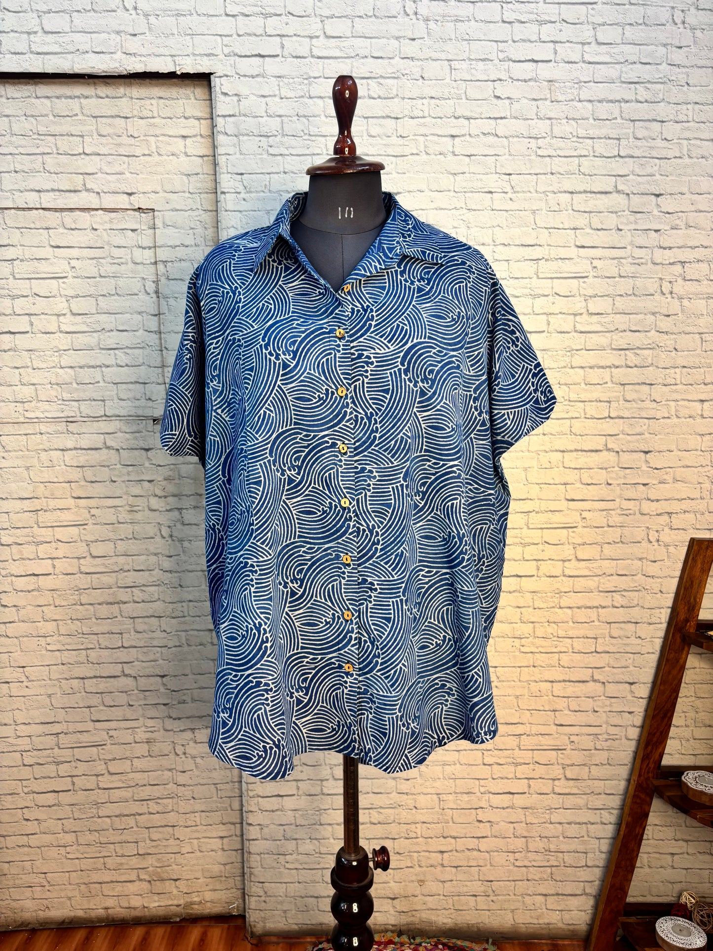 Indigo Waves Hand Block Printed Cotton High Low Shirt Kaftan