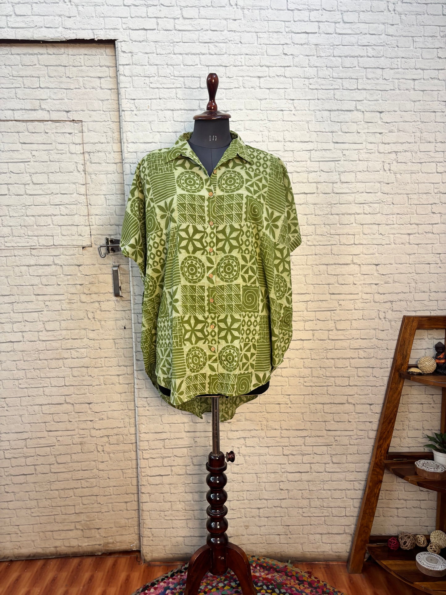 Green Tiles Hand Block Printed Cotton High Low Shirt Kaftan