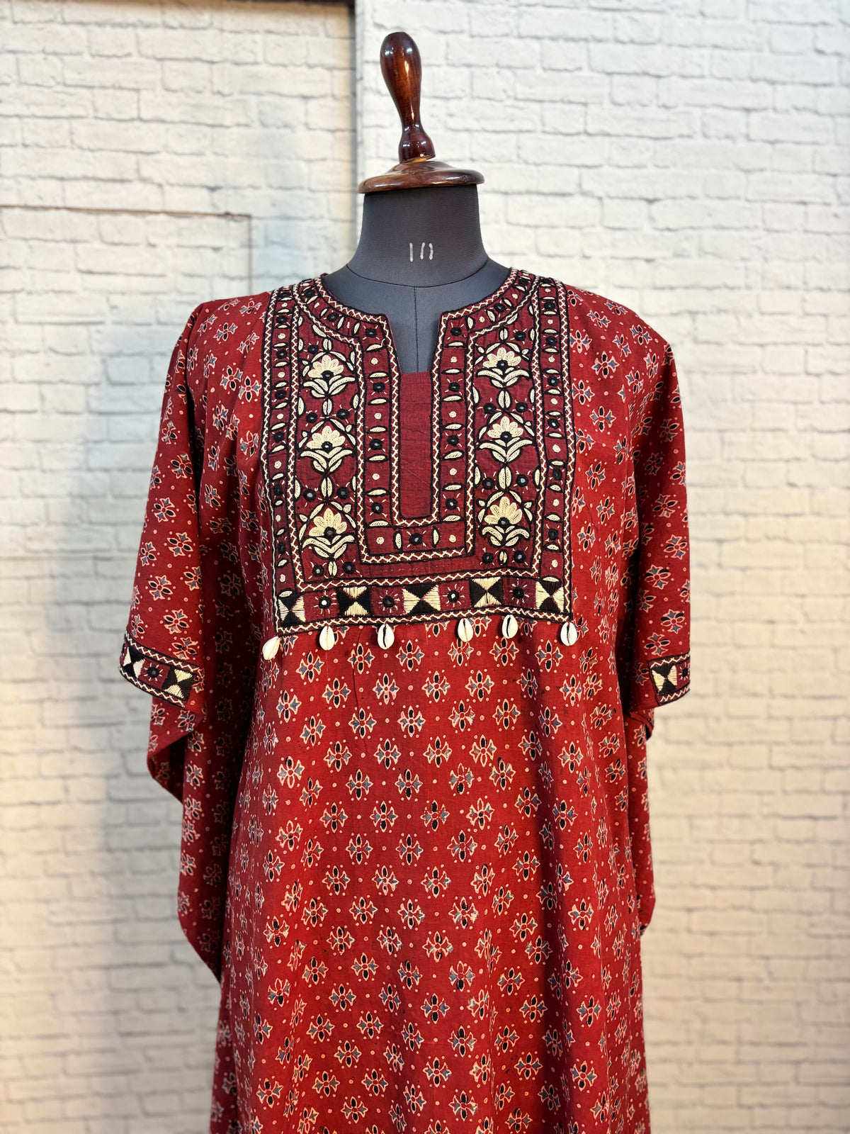 Red Ajrakh Hand Embroidered Patch Kaftan