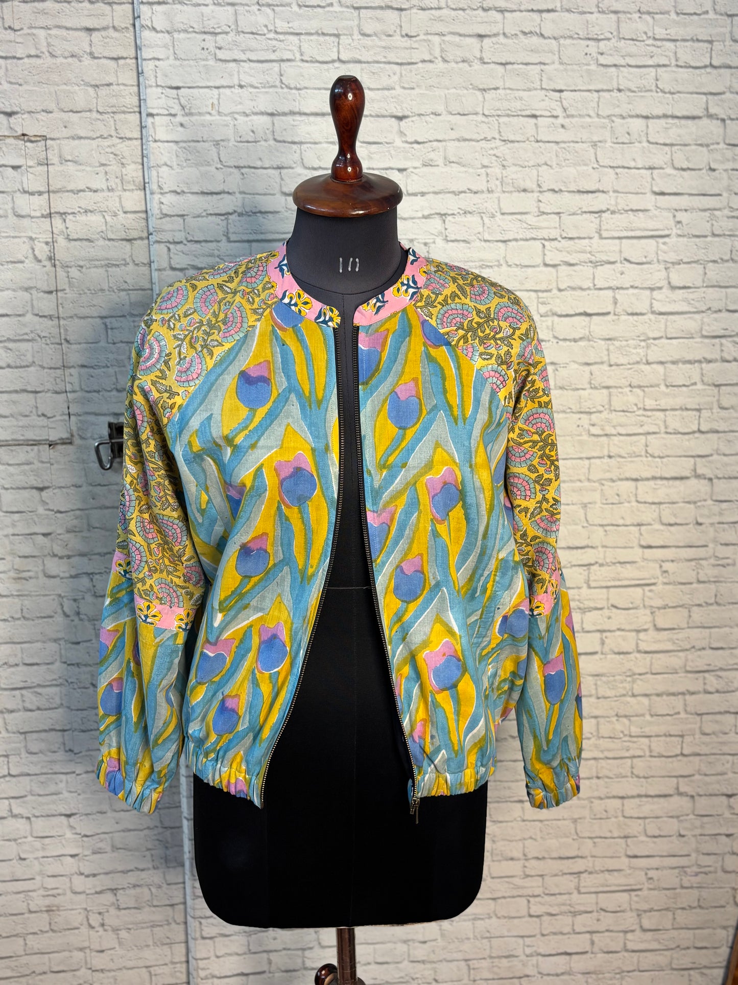Yellow Pink Hand Block Printed Unisex Bomber Jacket