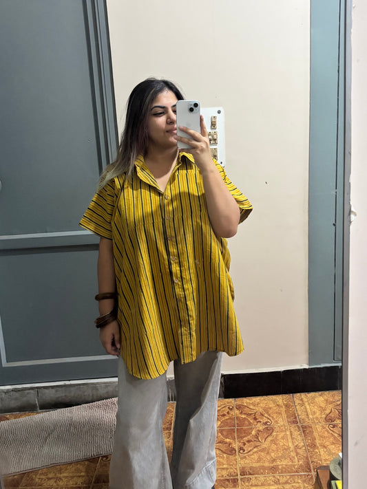 Yellow Stripe Ajrakh Cotton High Low Shirt Kaftan