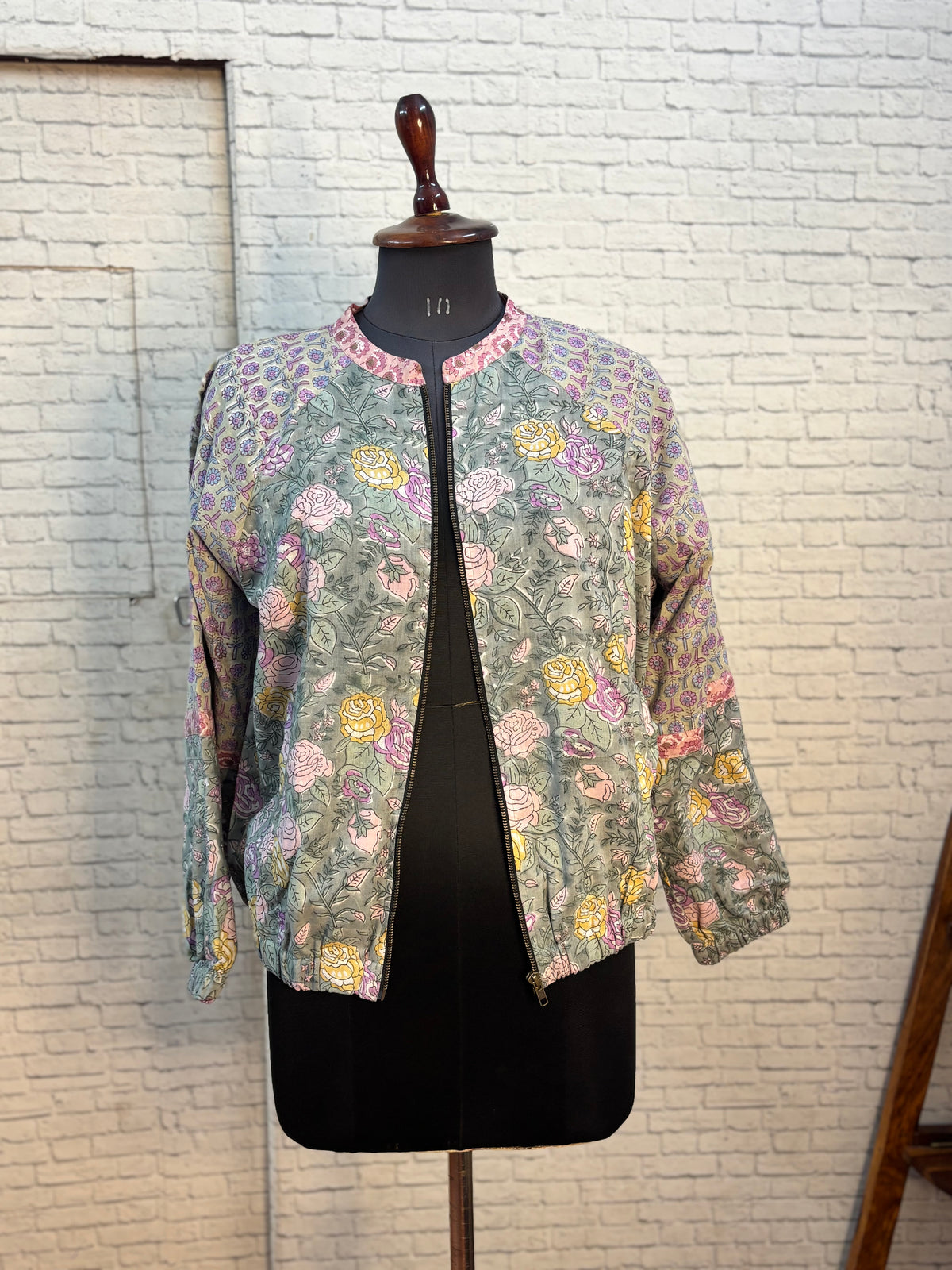 Grey Floral Hand Block Printed Unisex Bomber Jacket