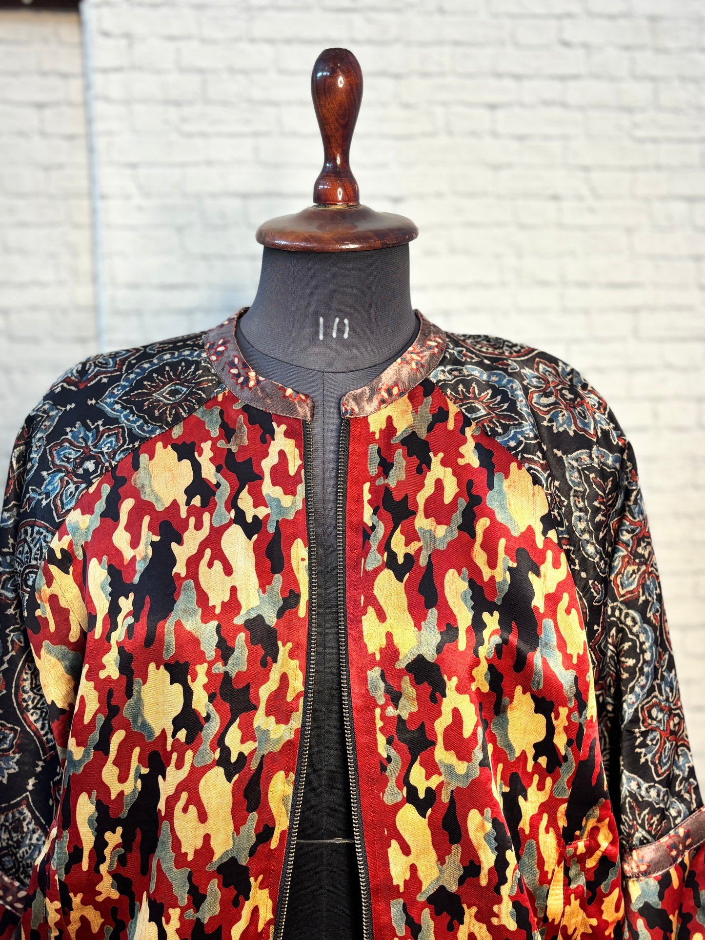 Red Black Mashru Silk Ajrakh Unisex Bomber Jacket