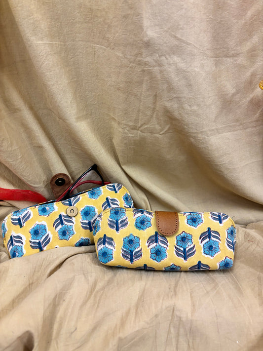 Yellow Blue Hand Block Printed Eyewear Case