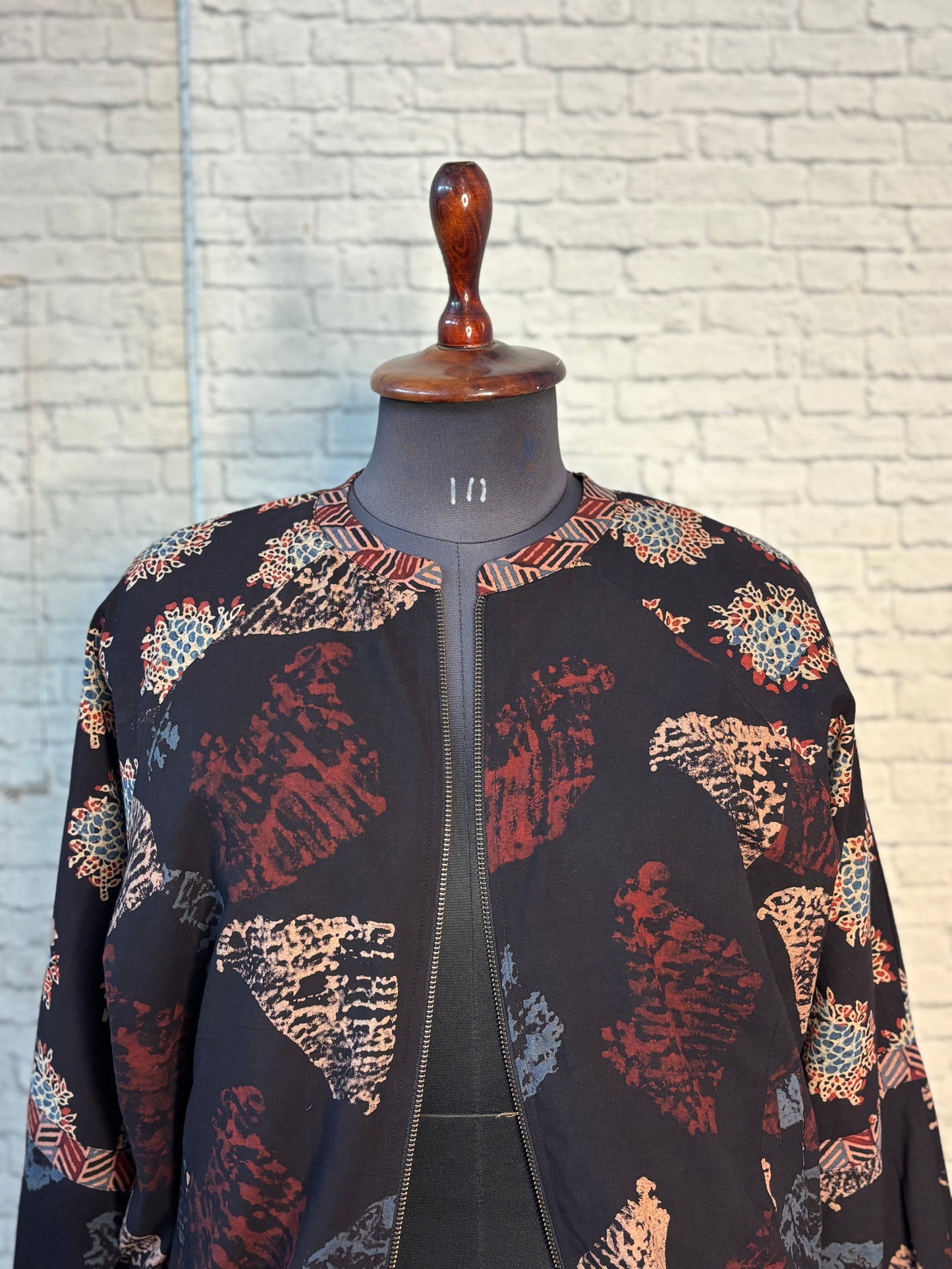 Black Ajrakh Hand Block Printed Unisex Bomber Jacket