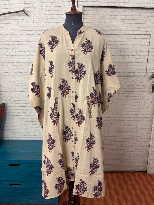 White Ajrakh High Low Midi Cotton Shirt Kaftan