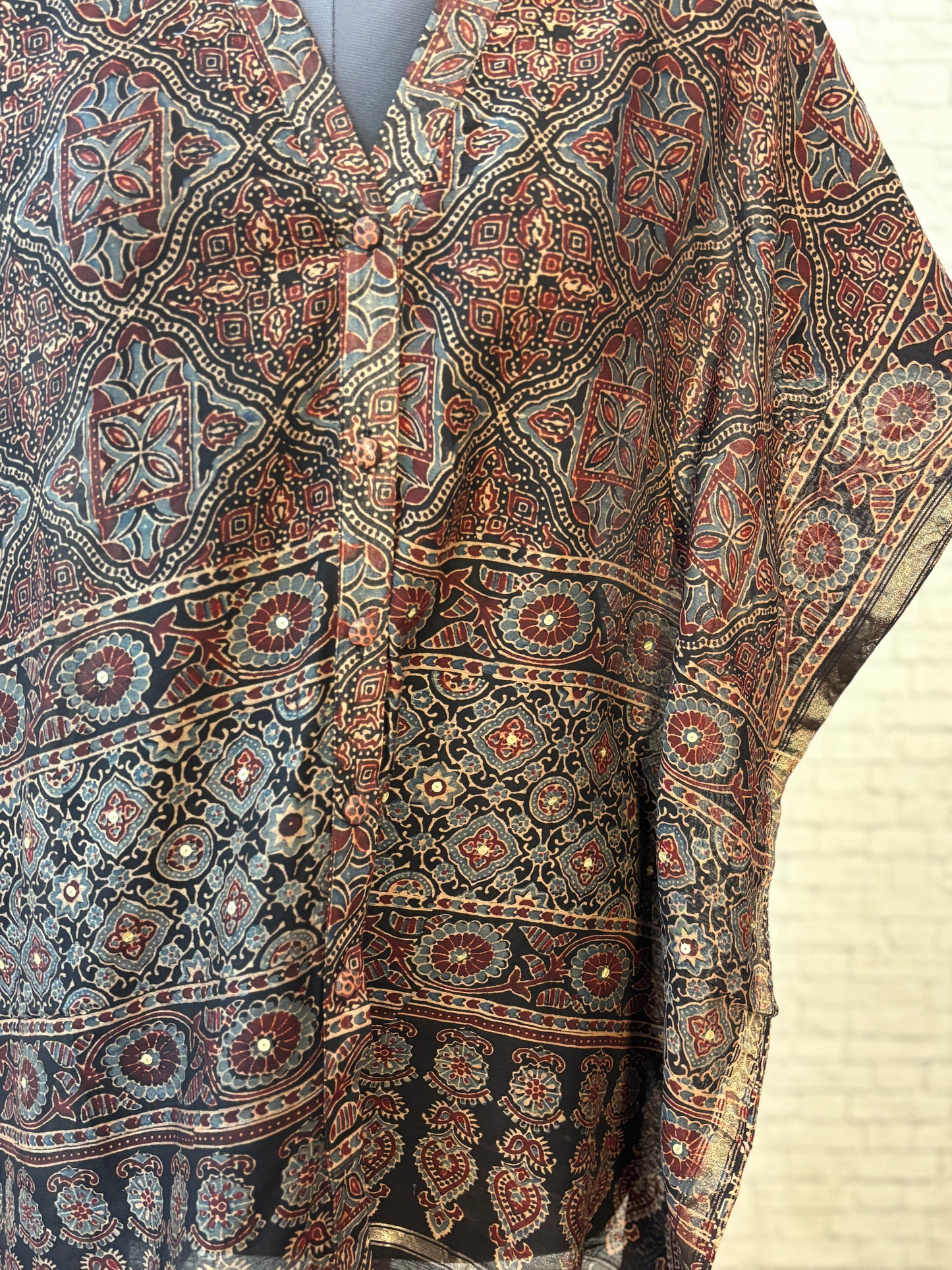 Black Ajrakh Chanderi Shirt Kaftan with Sequin Detailing
