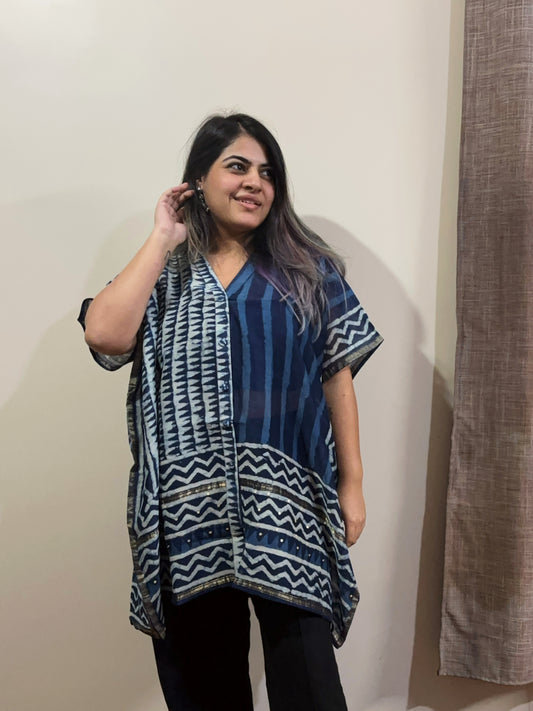 Indigo Dabu Chanderi Shirt Kaftan with Sequin Detailing