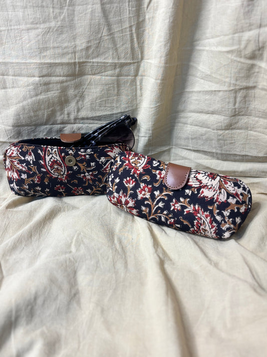 Black Floral Kalamkari Hand Block Print Eyewear Case