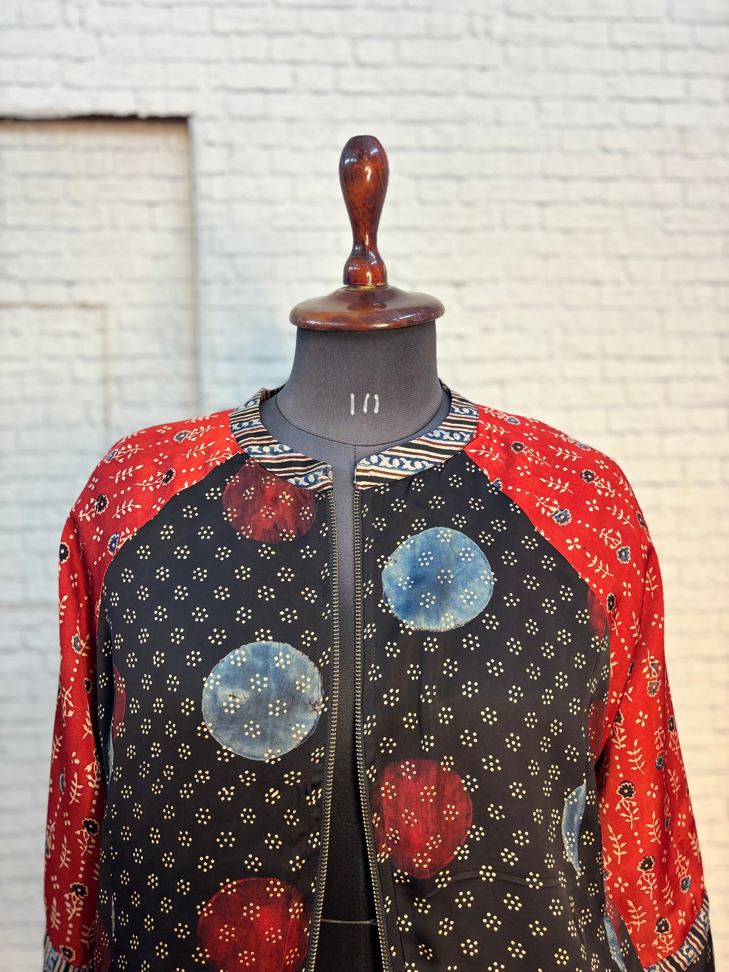 Black Red Modal Silk Ajrakh Unisex Bomber Jacket