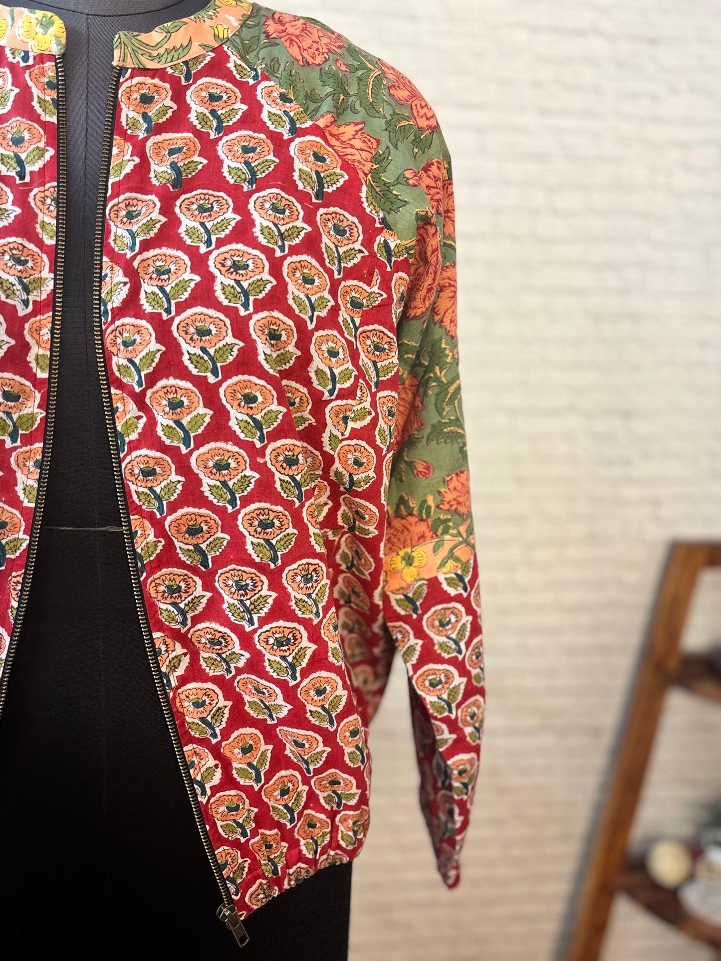 Red Peach Hand Block Printed Unisex Bomber Jacket