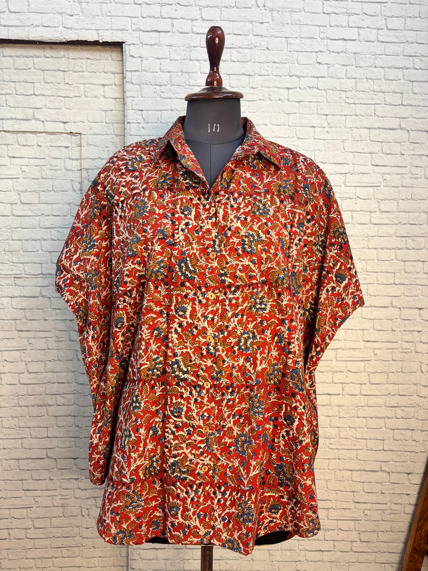 Red Kalamkari Hand Block Printed Cotton High Low Shirt Kaftan