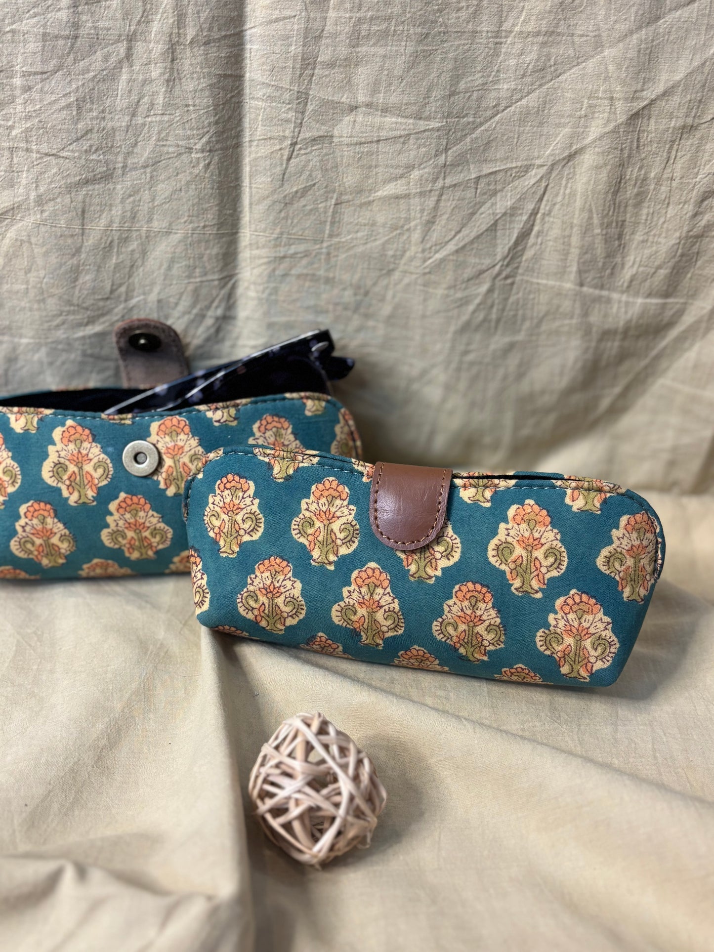 Green Orange Hand Block Print Eyewear Case