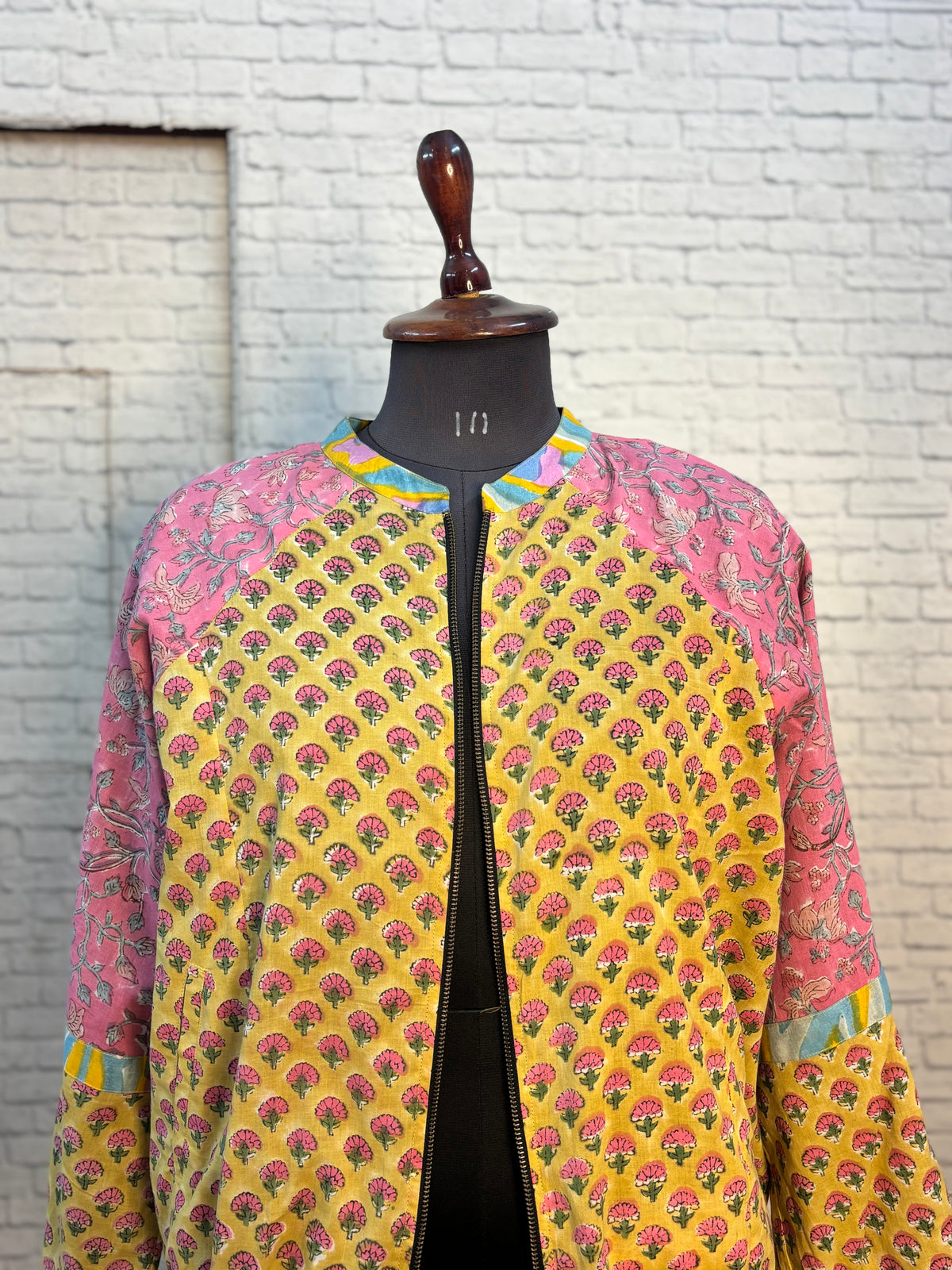 Yellow Pink Hand Block Printed Unisex Bomber Jacket
