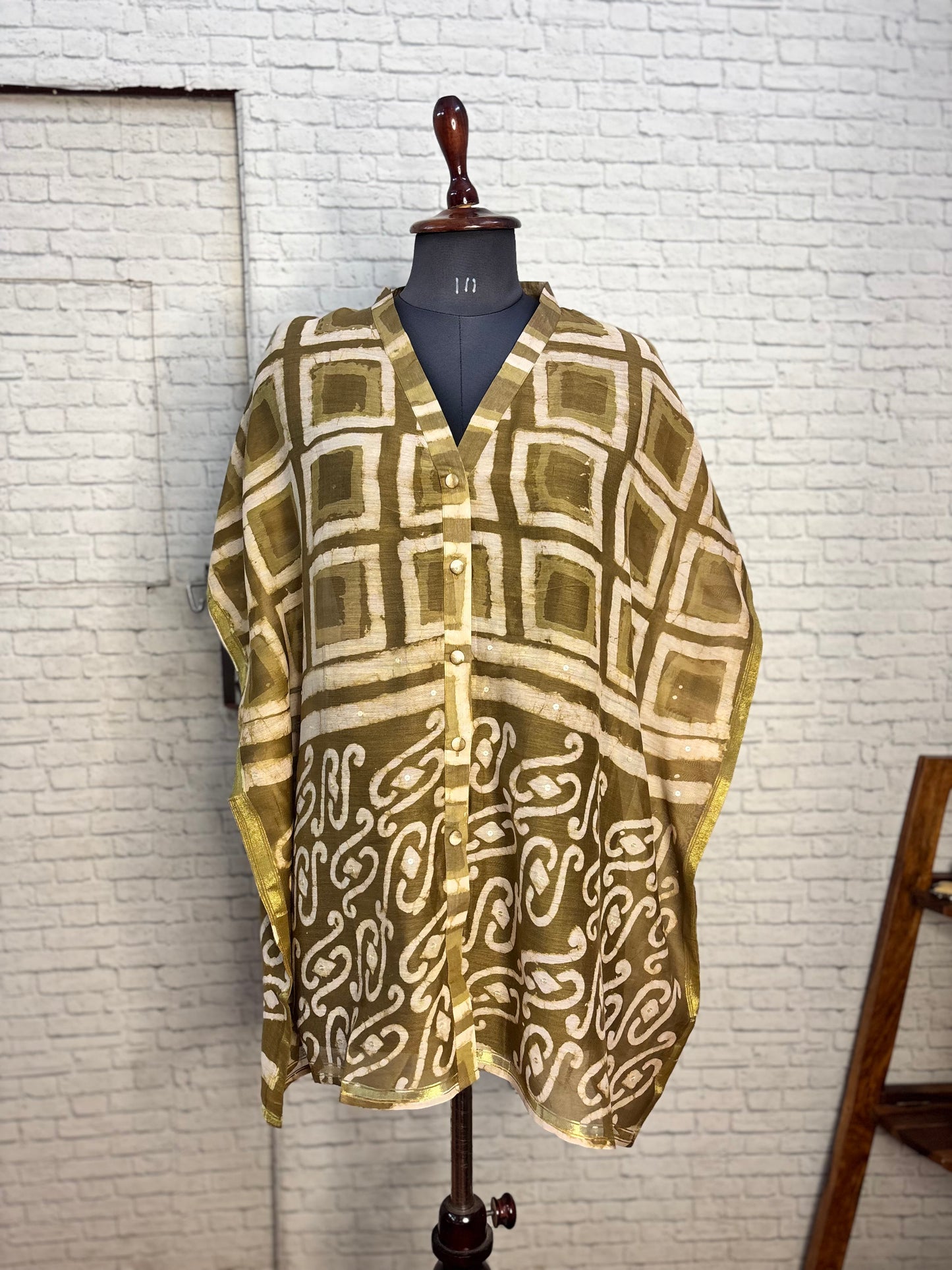 Olive Green Dabu Chanderi Shirt Kaftan with Sequin Detailing