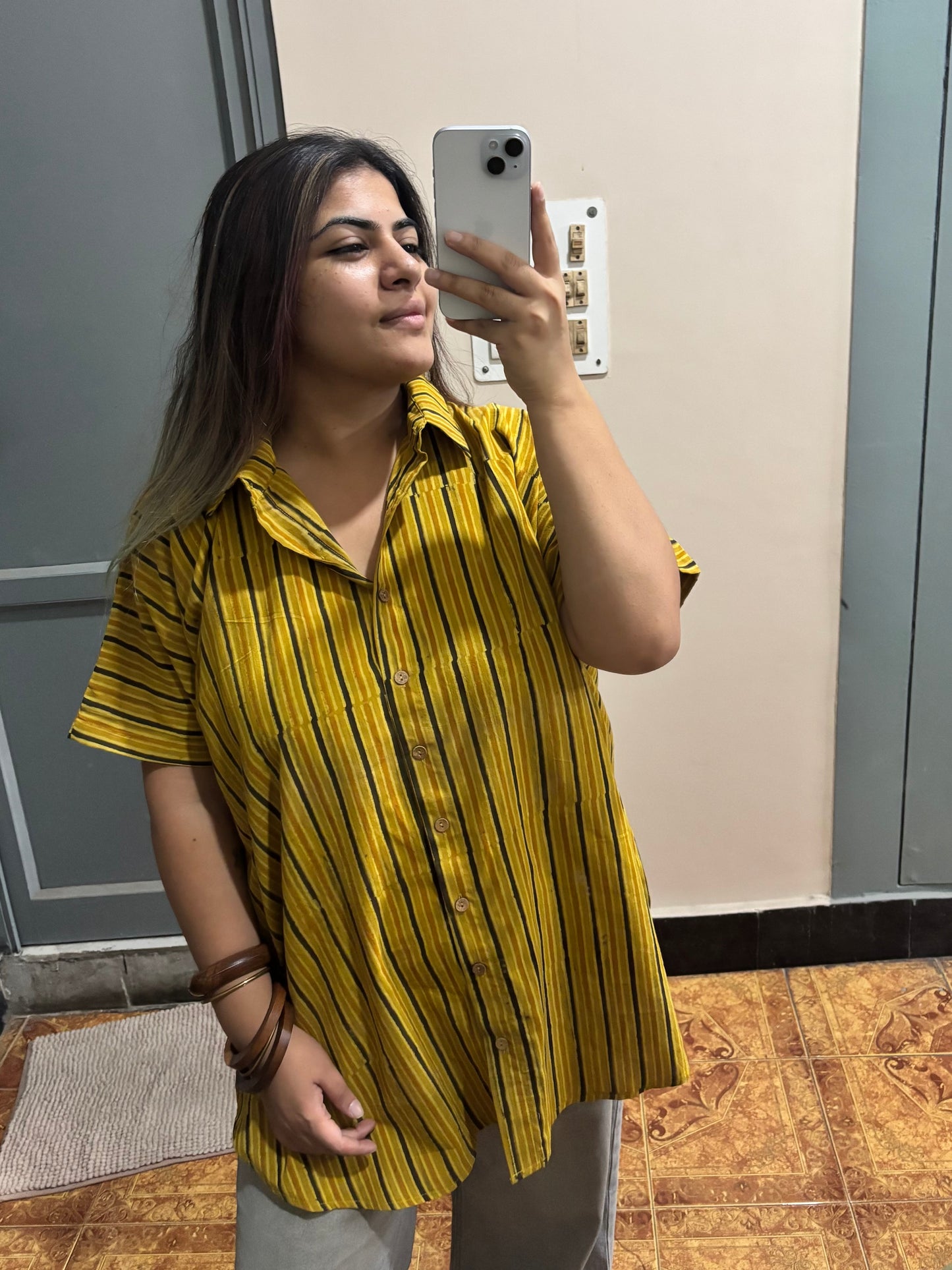 Yellow Stripe Ajrakh Cotton High Low Shirt Kaftan