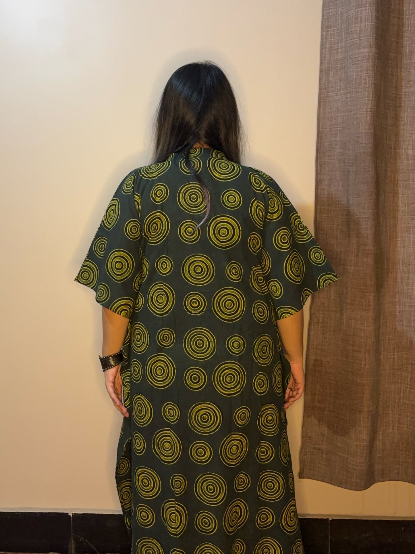 Green High Low Ajrakh Midi Cotton Shirt Kaftan