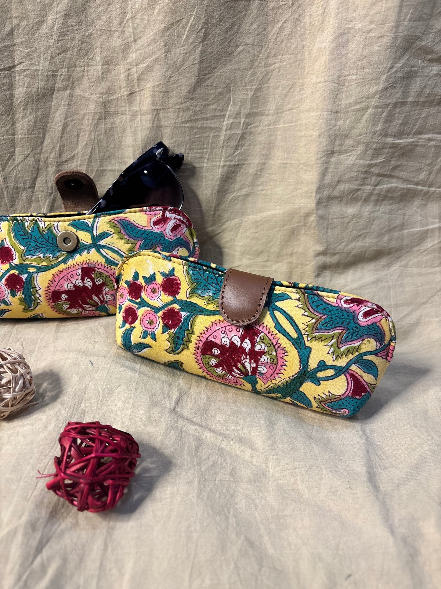 Yellow Floral Hand Block Print Eyewear Case