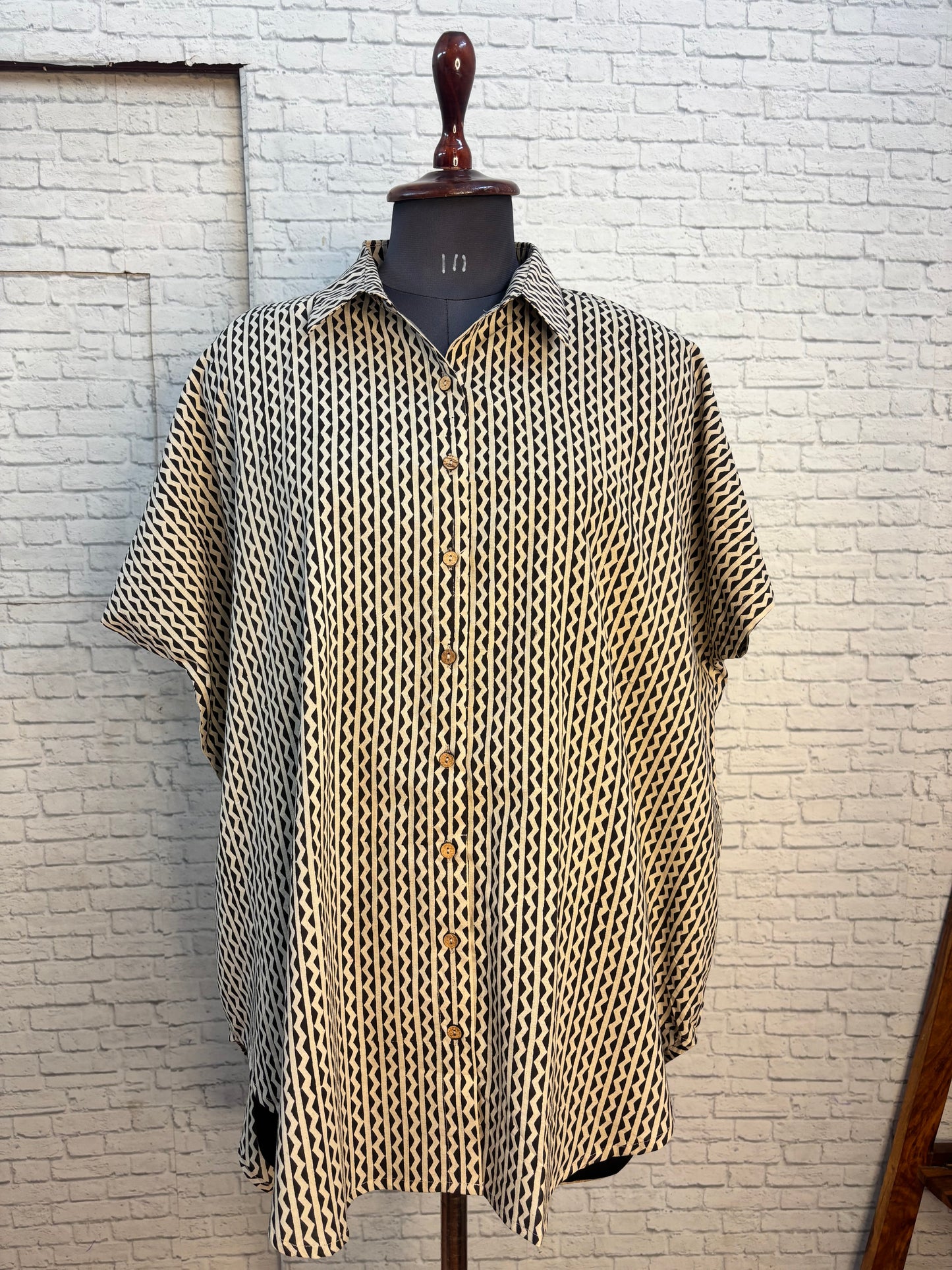 Black White Hand Block Printed Cotton High Low Shirt Kaftan