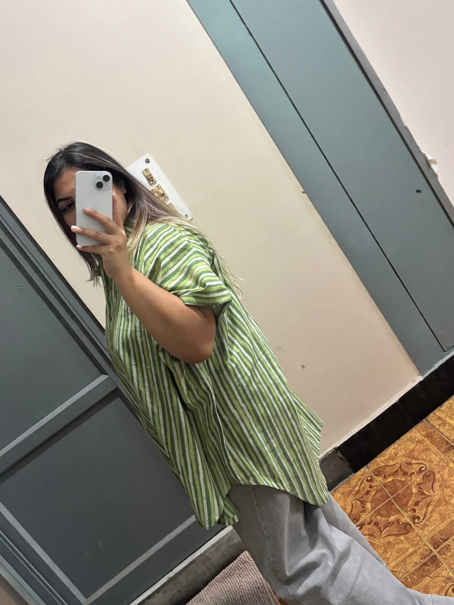 Green Dabu Stripe Cotton High Low Shirt Kaftan