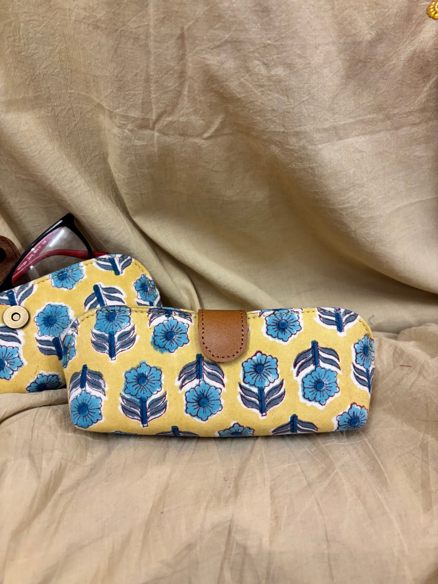 Yellow Blue Hand Block Printed Eyewear Case