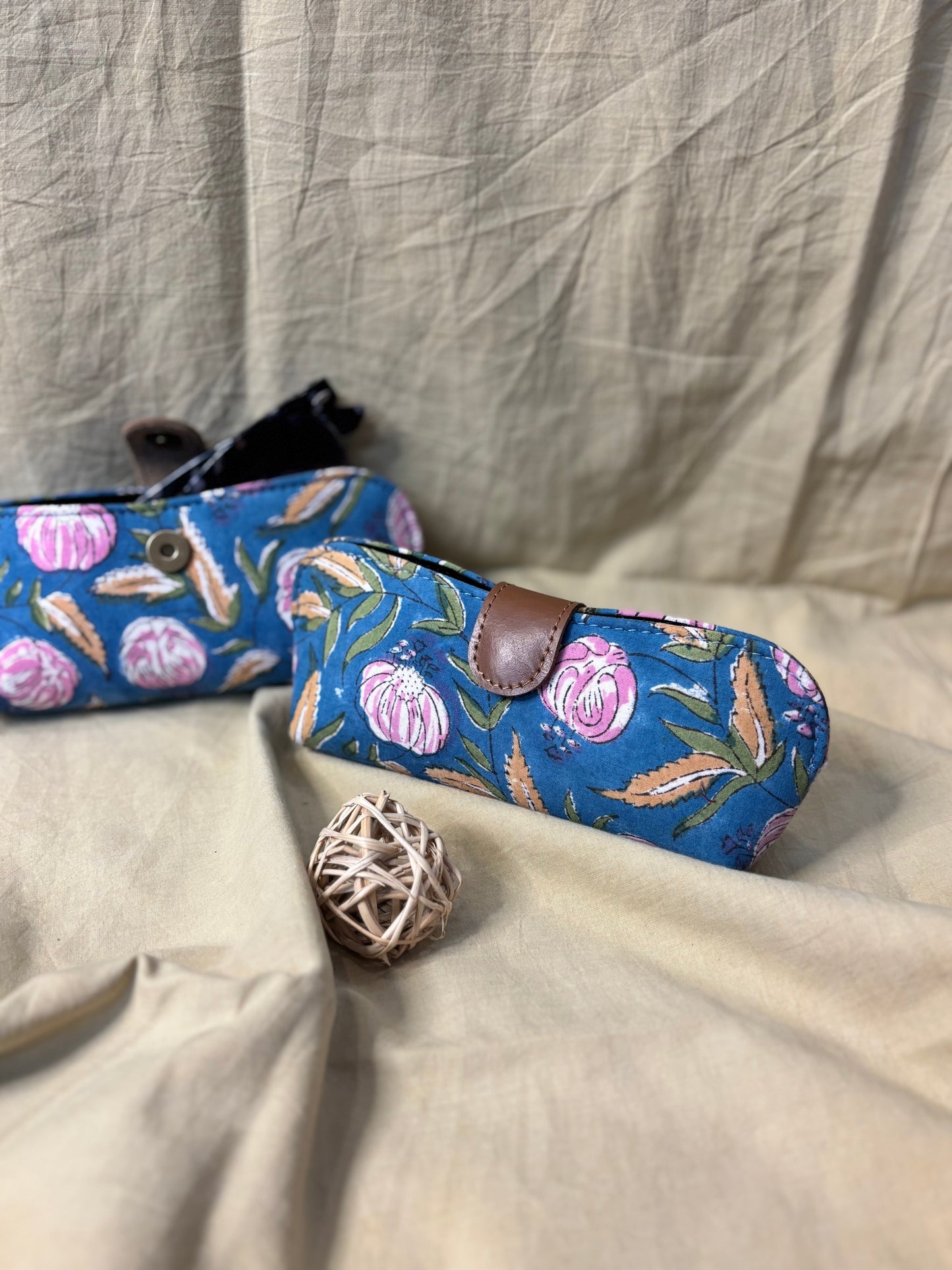 Blue Pink Roses Hand Block Print Eyewear Case