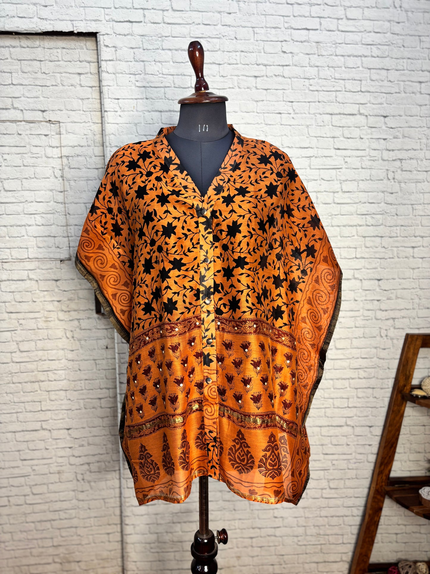 Orange Floral Hand Block Print Chanderi Shirt Kaftan with Sequin Detailing