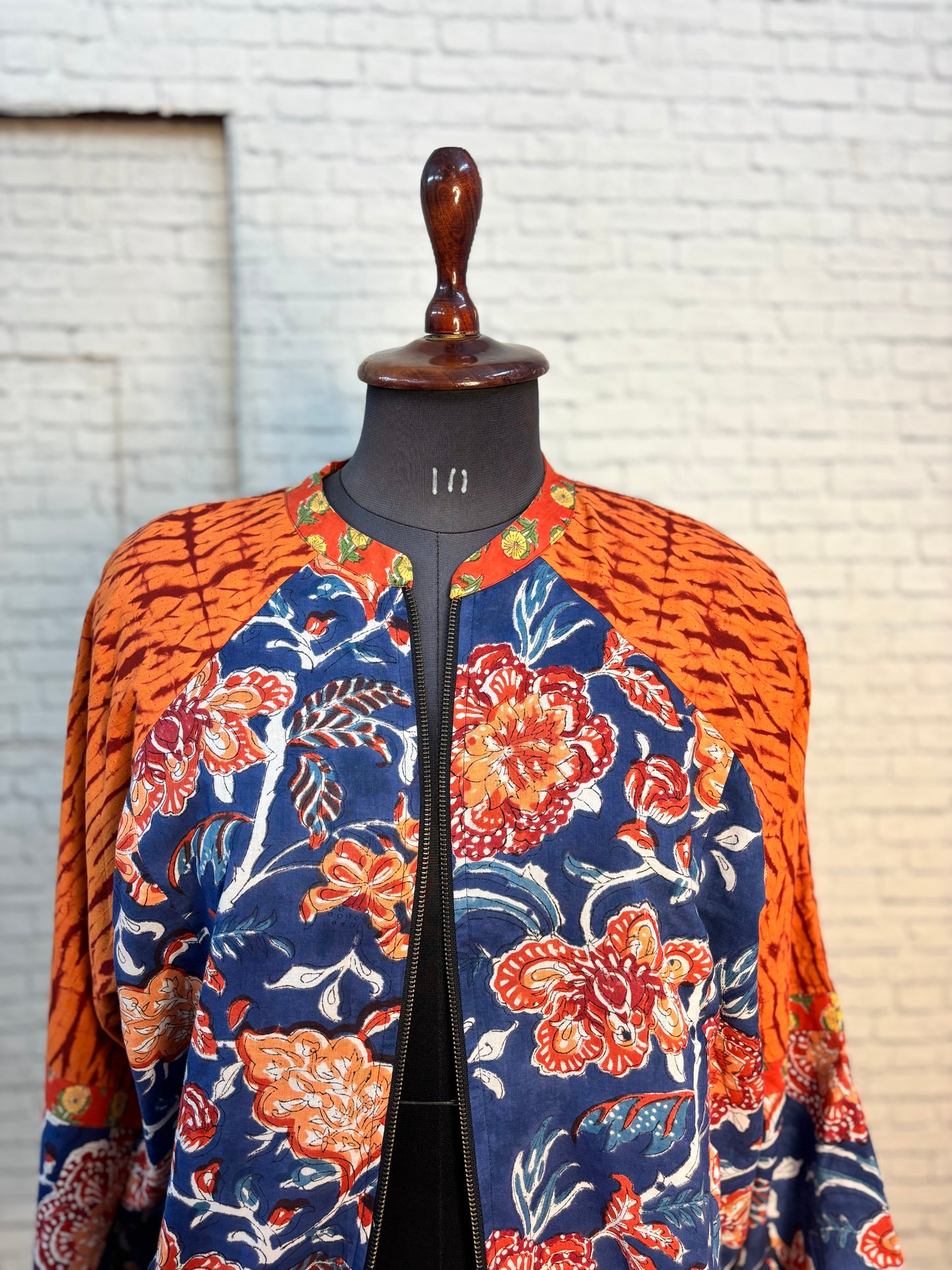Blue Orange Hand Block Printed Unisex Bomber Jacket