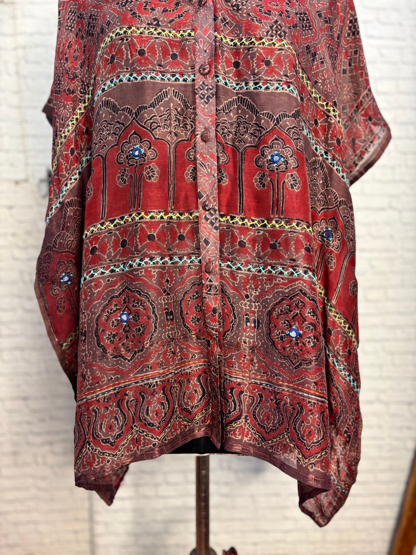 Kashish Red Ajrakh Chanderi Shirt Kaftan with Hand Embroidery