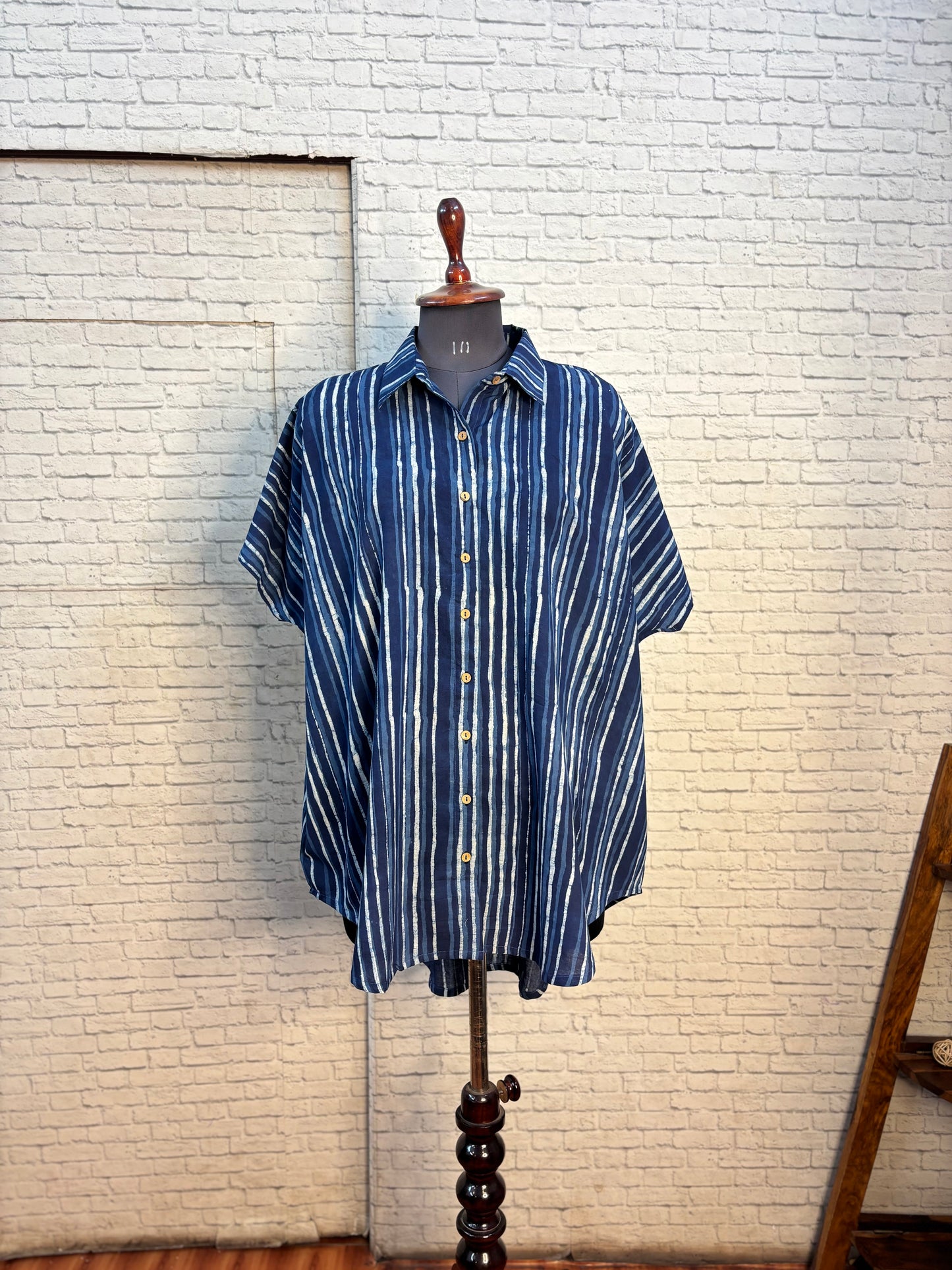 Indigo White Stripes Dabu  Cotton High Low Shirt Kaftan