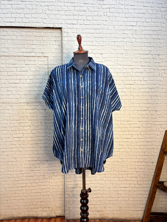 Indigo White Stripes Dabu  Cotton High Low Shirt Kaftan