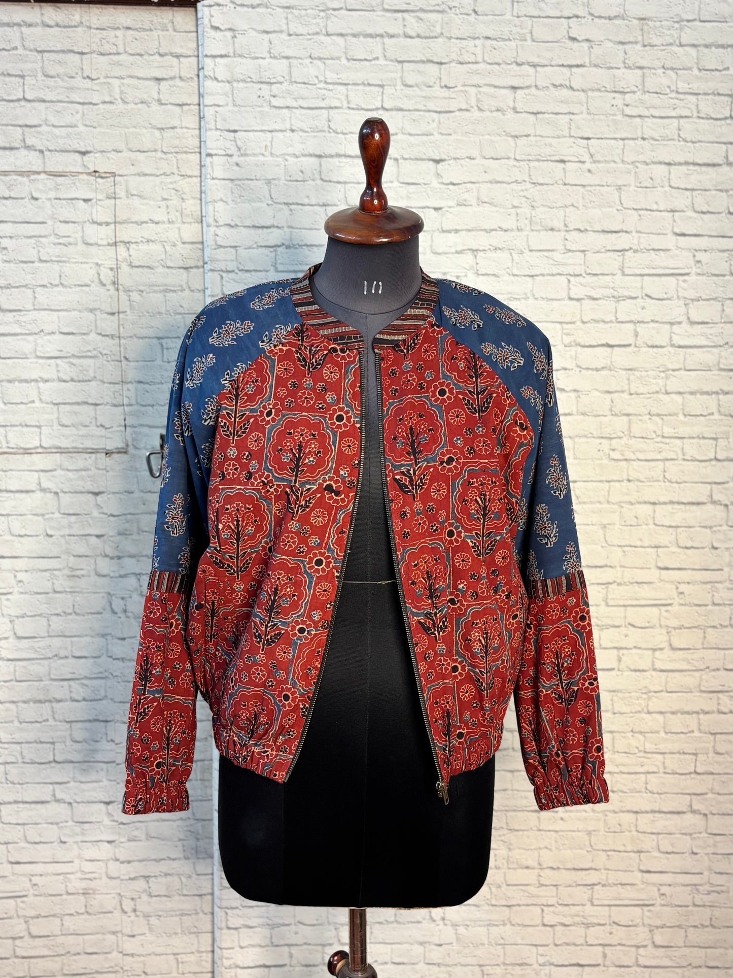 Red Indigo Hand Block Printed Unisex Bomber Jacket