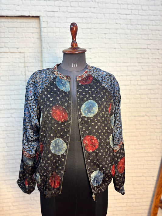 Black Modal Silk Ajrakh Unisex Bomber Jacket