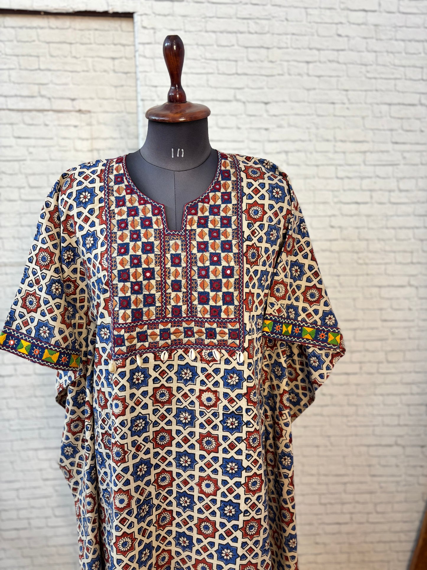 White Ajrakh Hand Embroidered Patch Kaftan