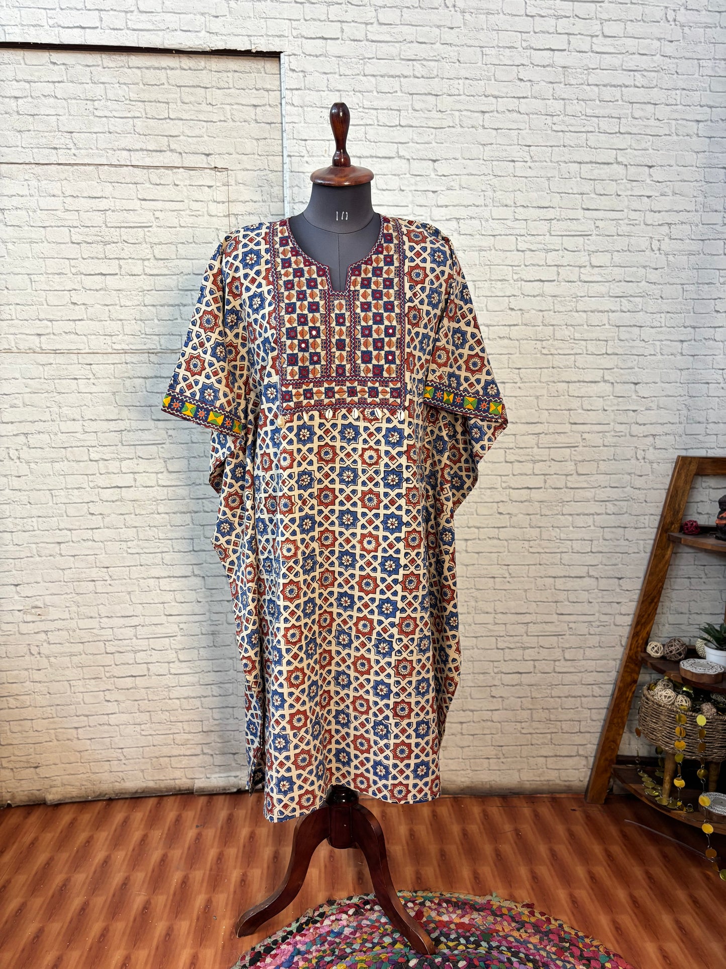 White Ajrakh Hand Embroidered Patch Kaftan