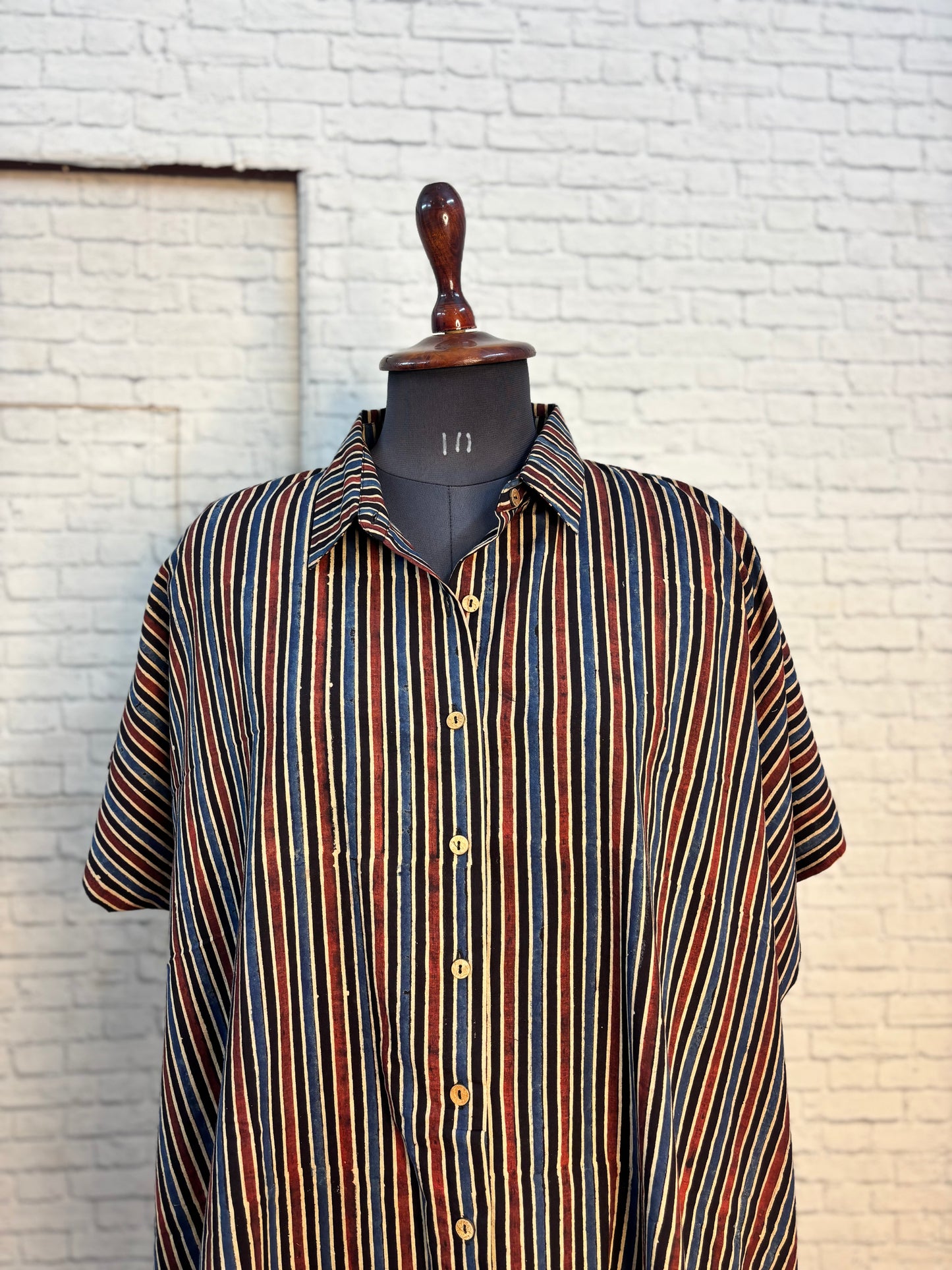 Black Red Stripes Ajrakh Cotton High Low Shirt Kaftan